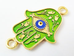 Lime Green Hamsa Hand of Fatima Enamel Blue Evil Eye Connector - Floral - 22k Matte Gold Plated - 1PC