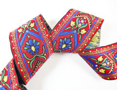 Floral Red Blue Green Gold Woven Embroidered Jacquard Trim Ribbon - 1 Meter  or 3.3 Feet or 1.09 Yards