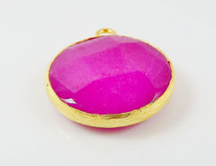 26mm Fuchsia Pink Faceted Jade Pendant - Gold plated Bezel - 1pc