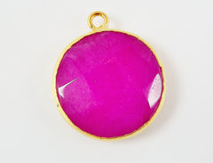 26mm Fuchsia Pink Faceted Jade Pendant - Gold plated Bezel - 1pc