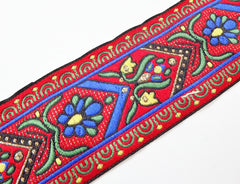 Floral Red Blue Green Gold Woven Embroidered Jacquard Trim Ribbon - 1 Meter  or 3.3 Feet or 1.09 Yards