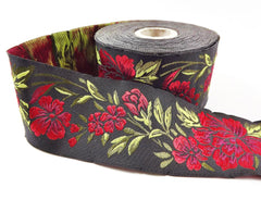 Red Peony Flower Woven Embroidered Jacquard Trim Ribbon - 1 Meter  or 3.3 Feet or 1.09 Yards