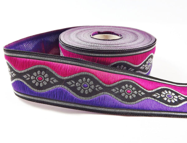 Purple & Fuchsia Wave Daisy Motif Woven Embroidered Jacquard Trim Ribbon - 1 Meter  or 3.3 Feet or 1.09 Yards