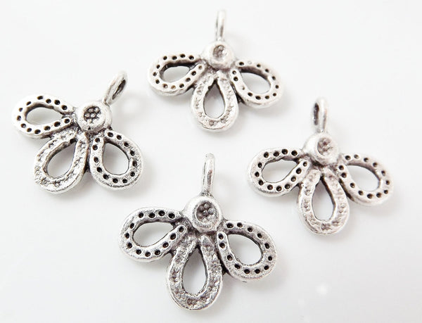 Stamped Petal Charms, Three Petaled, Flower Charms, Silver Petals, Silver Flower Charms, Boho Findings, Matte Antique Silver Plated - 4pc