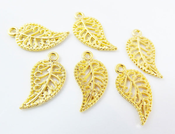 6 Delicate Leaf Pendant Charms - 22k Matte Gold Plated