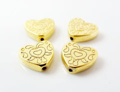 4 Etched Heart Bead Spacers - 22k Matte Gold Plated