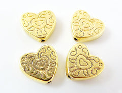 4 Etched Heart Bead Spacers - 22k Matte Gold Plated