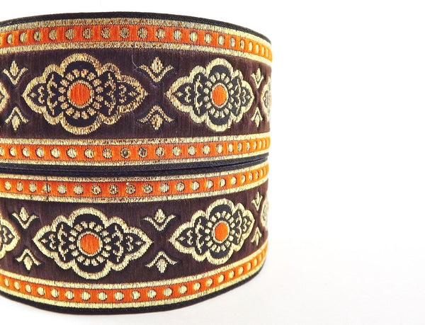 Exotic Brown Orange and Gold Woven Embroidered Jacquard Trim Ribbon - 1 Meter  or 3.3 Feet or 1.09 Yards