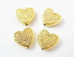 4 Etched Heart Bead Spacers - 22k Matte Gold Plated