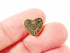 4 Etched Heart Bead Spacers - 22k Matte Gold Plated