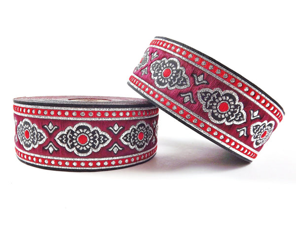 Exotic Red Garnet Silver Woven Embroidered Jacquard Trim Ribbon - 1 Meter  or 3.3 Feet or 1.09 Yards