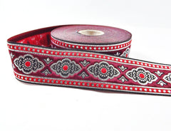 Exotic Red Garnet Silver Woven Embroidered Jacquard Trim Ribbon - 1 Meter  or 3.3 Feet or 1.09 Yards