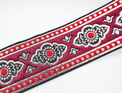 Exotic Red Garnet Silver Woven Embroidered Jacquard Trim Ribbon - 1 Meter  or 3.3 Feet or 1.09 Yards