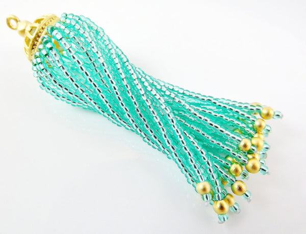 Long Aqua Beaded Tassel - 22k Matte Gold Plated Brass - 1PC