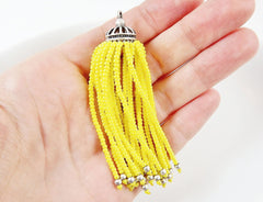 Long Yellow Beaded Tassel - Matte Silver Plated Brass - 1PC