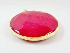 Large 42mm Lipstick Red Round Faceted Jade Pendant - 22k Matte Gold plated Bezel - 1pc