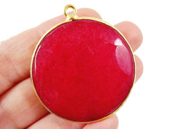 Large 42mm Lipstick Red Round Faceted Jade Pendant - 22k Matte Gold plated Bezel - 1pc