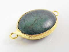 26 x 19mm Emerald Green Dyed Oval Turquoise Stone Connector - 22k Matte Gold plated Bezel - 1pc