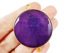 42mm Mulberry Purple Round Faceted Jade Connector - 22k Matte Gold plated Bezel - 1pc