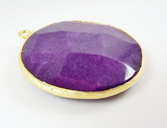 Large 42mm Mulberry Purple Round Faceted Jade Pendant - 22k Matte Gold plated Bezel - 1pc