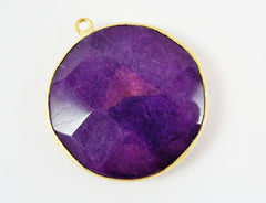 Large 42mm Mulberry Purple Round Faceted Jade Pendant - 22k Matte Gold plated Bezel - 1pc