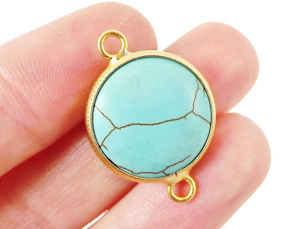19mm Round Turquoise Stone Smooth Round Connector  - 22k Matte Gold plated Bezel - 1pc
