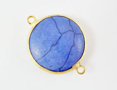 26mm Royal Blue Dyed Turquoise Stone Connector - Round Smooth - 22k Matte Gold plated Bezel - 1pc