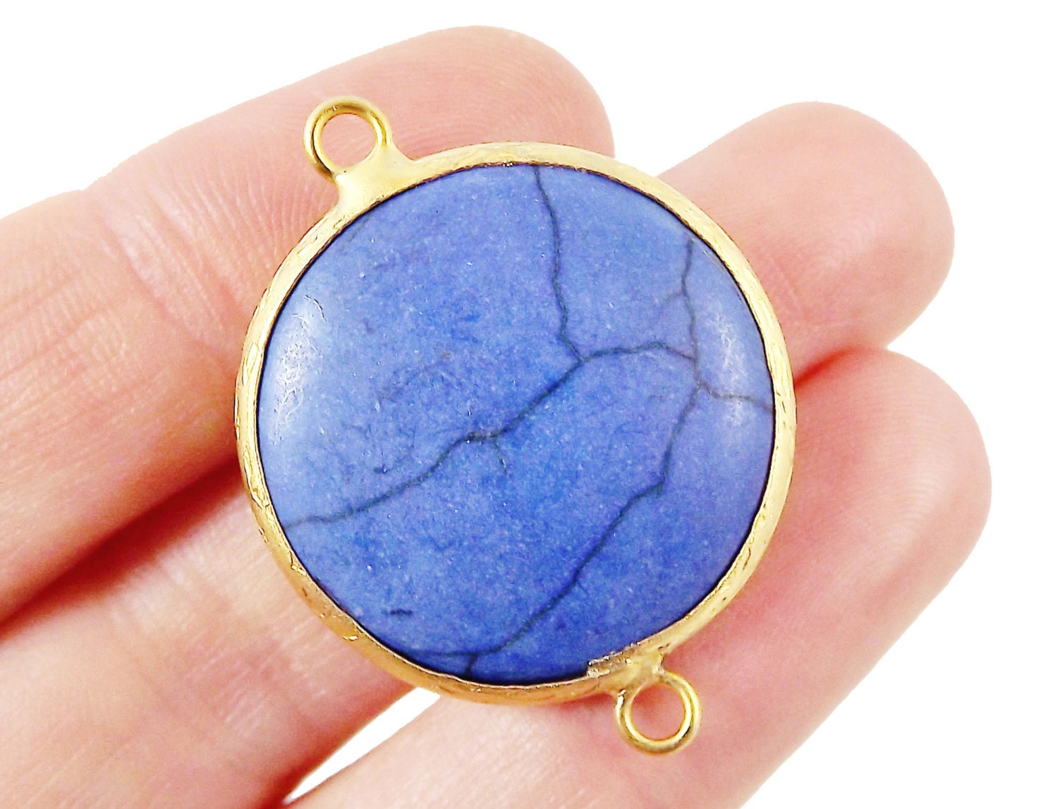 26mm Royal Blue Dyed Turquoise Stone Connector - Round Smooth - 22k Matte Gold plated Bezel - 1pc