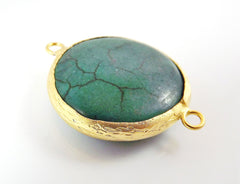 Emerald Green Turquoise Stone Connector, Round Gemstone Station Link, 26mm, 22k Matte Gold plated Bezel - 1pc