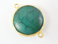 Emerald Green Turquoise Stone Connector, Round Gemstone Station Link, 26mm, 22k Matte Gold plated Bezel - 1pc