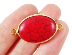 26 x 19mm Red Dyed Oval Turquoise Stone Connector - 22k Matte Gold plated Bezel - 1pc