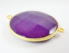 42mm Mulberry Purple Round Faceted Jade Connector - 22k Matte Gold plated Bezel - 1pc