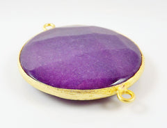 42mm Mulberry Purple Round Faceted Jade Connector - 22k Matte Gold plated Bezel - 1pc