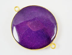 42mm Mulberry Purple Round Faceted Jade Connector - 22k Matte Gold plated Bezel - 1pc