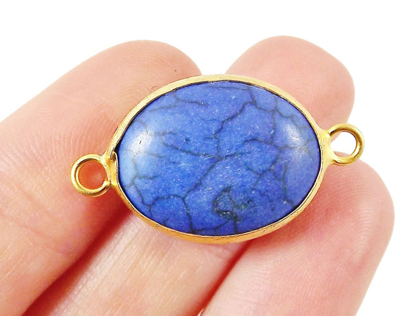 21 x 16mm Royal Blue Dyed Oval Turquoise Stone Connector - 22k Matte Gold plated Bezel - 1pc
