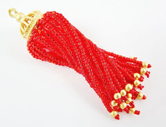 Long Fiery Red Beaded Tassel - 22k Matte Gold Plated Brass - 1PC