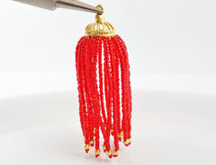 Long Fiery Red Beaded Tassel - 22k Matte Gold Plated Brass - 1PC