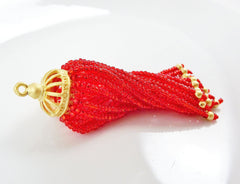 Long Fiery Red Beaded Tassel - 22k Matte Gold Plated Brass - 1PC