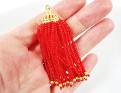 Long Fiery Red Beaded Tassel - 22k Matte Gold Plated Brass - 1PC