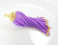 Long Lavender Purple Beaded Tassel - 22k Matte Plated Brass - 1PC