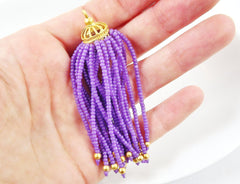 Long Lavender Purple Beaded Tassel - 22k Matte Plated Brass - 1PC