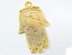 Evil Eye and Fish Motif Hamsa Hand of Fatima Pendant Charm - 22k Matte Gold Plated - 1PC