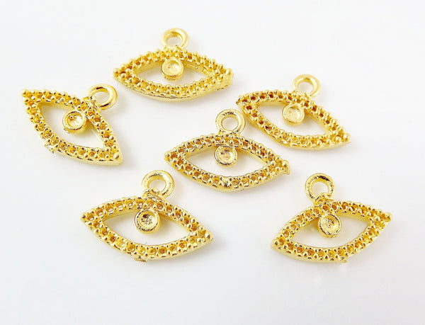 6 Evil Eye Charms with Rhinestone Settings - 22k Matte Gold Plated Brass