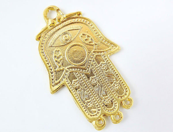 Evil Eye and Fish Motif Hamsa Hand of Fatima Pendant Charm - 22k Matte Gold Plated - 1PC