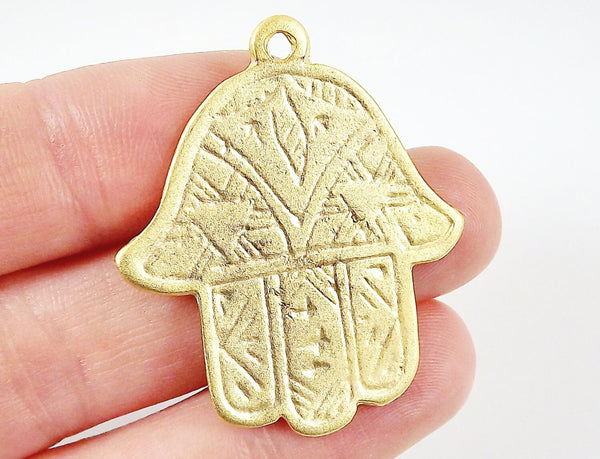 Etched Hamsa Hand of Fatima Pendant Charm - 22k Matte Gold Plated - 1PC