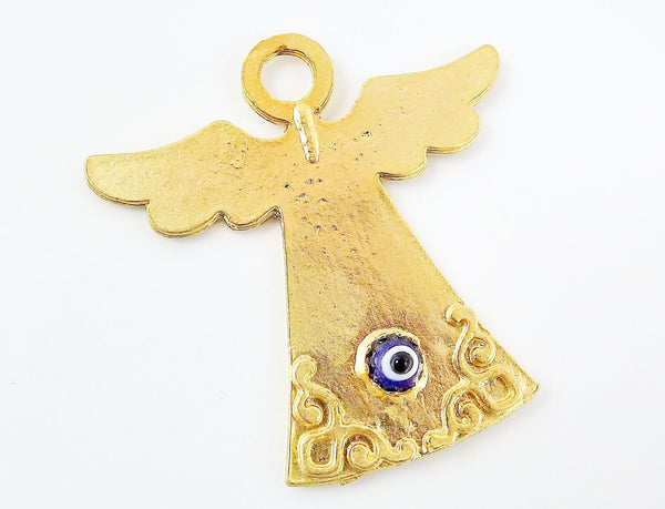 Angel Pendant Blue Evil Eye - Lucky Protective Artisan Glass Bead - 22k Matte Gold Plated