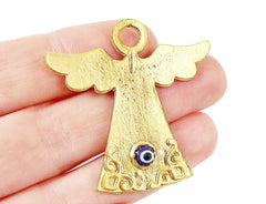 Angel Pendant Blue Evil Eye - Lucky Protective Artisan Glass Bead - 22k Matte Gold Plated