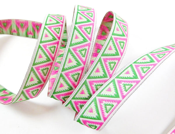 Green Lime & Pink Chevron Triangle Woven Embroidered Jacquard Trim Ribbon - 1 Meter  or 3.3 Feet or 1.09 Yards