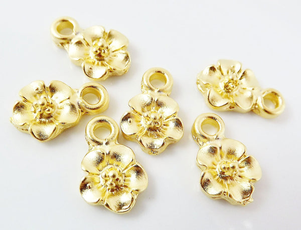 6 Cherry Blossom Flower Charms - Flat back - 22k Matte Gold Plated