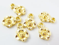 6 Cherry Blossom Flower Charms - Flat back - 22k Matte Gold Plated